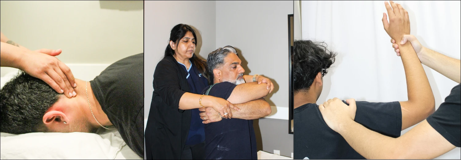 Person lying face down on a treatment table while a therapist supports the neck with hands in a therapy session.